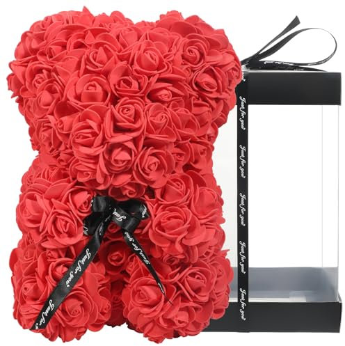 AZXU - Orsacchiotto composto da rose artificiali, per anniversari, regalo per mamma, confezione regalo trasparente inclusa - Rosso