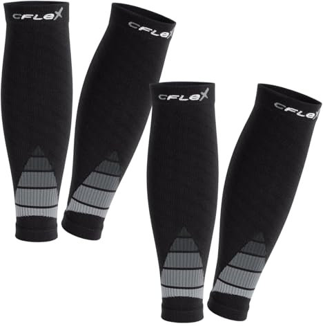 CFLEX Herren & Damen Sport Kompressions Stulpe (2 Paar) Wadenbandage - Schwarz-Grau L-XL