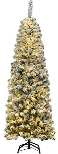 COSTWAY Albero di Natale Slim 135/180/225 cm, Albero di Natale Innevato con 150/250/350 Luci LED, 242/500/641 Rami e Base di Metallo, Decorazione Natalizia per Casa e Negozio (180 CM)