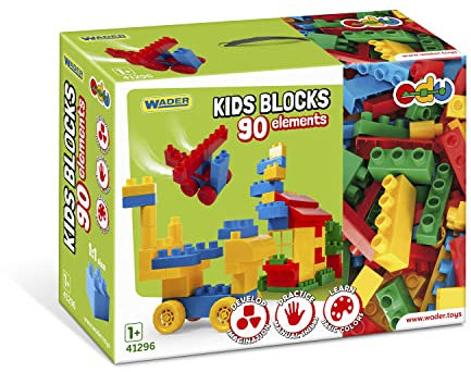 Wader 41296 - Kids Blocks Bausteine, ca. 90 Teile, in verschiedenen Formen und bunten Farben, inkl. praktischer Box mit Griff, ca. 39,5 x 14,5 x 29,5 cm groß, ab 12 Monaten, ideal als Geschenk