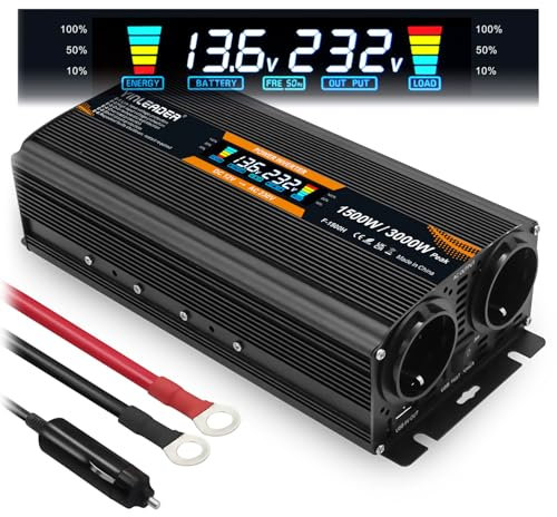 Yinleader convertisseur 12v 220v 1500W /3000W convertisseur de Tension avec écran LCD USB Noir
