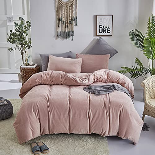 Wellboo Pink Plush Duvet Cover King Size Blush Pink Fluffy Bedding Covers Velvet Girls Plain Light Red Rose Flannel Quilt Cover Soft Warm Dusty Pink Luxury Fuzzy Shaggy Bedding 3 Pieces Pink Cover