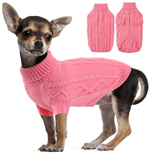 Hundepullover Fleece Kleine Hunde, Haustier Chihuahua Pullover, Winter Warmer Rollkragen Hundebekleidung Strickpullover für Hunde, Mops Pink L