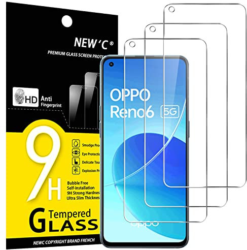 NEW'C 3 Pezzi, Vetro Temperato per Oppo Reno 6 5G, Pellicola Prottetiva Anti Graffio, Anti-Impronte, Senza Bolle, Durezza 9H, 0,33mm Ultra Trasparente, Ultra Resistente
