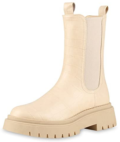 VAN HILL Damen Leicht Gefütterte Plateaustiefel Stiefel Blockabsatz Schuhe Kroko Plateau Vorne Profilsohle Plateauschuhe 202207 Beige Kroko 36