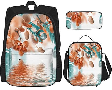 pièces ensemble sacs à dos bleu sarcelle et orange orchidée réflexion florale fleur tropicale feuille peinture Zen livre sac voyage travail école sac porte-crayon sac à déjeuner combinaison pour hom