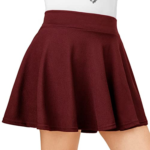 DRESHOW Rétro Jupe Basique Elastique évasée Mini Jupe Plissée Patineuse Décontractée Pour Femmes Filles, Mini Skirt: Burgundy V2, S