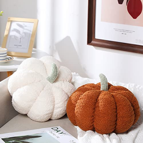 2 Stück Simuliertes Kürbis Zierkissen Plüschkissen 3D Kürbis Förmiges Kissen Gemütliche Herbst Gefüllte Dekokissen für Erntedankfest Weihnachten(Weiß, Braun)
