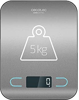 Cecotec Báscula de Cocina Digital de Alta Precisión CookControl. Plataforma de Acero inoxidable, Antihuellas, Diseño extraplano, Pantalla LCD, Capacidad máxima de 5 kg, Precisión de 1g