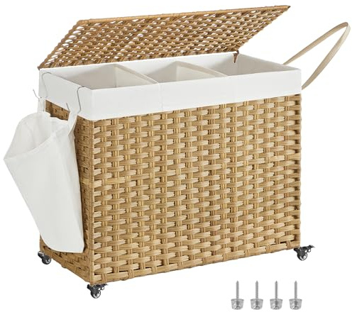 SONGMICS Laundry Hamper with Lid, 42.3 Gallons (160 L), Rolling Laundry Basket with Wheels, 3-Section Synthetic Rattan, Removable Liner, Bedroom, 29.9 x 13 x 26 Inches, Natural ULCB365N01