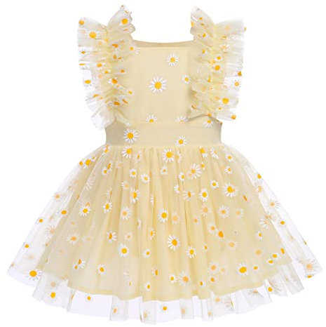 IBTOM CASTLE Erster Geburtstag Baby Mädchen Tutu Kleid Säugling Kleinkind Gänseblümchen Blume Spitze Rüsche Strampler Kleid mit Windel Abdeckung Strand Sommer Sonnenkleid Gelb 12-18 Monate