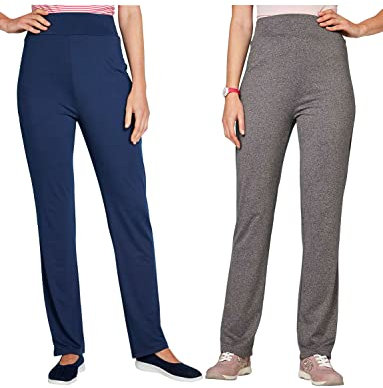 Amber Ladies Pack of 2 Jersey Trousers, Soft Stretch Pull-On Style with Elasticated Waist Navy & Grey Marl 10 Short