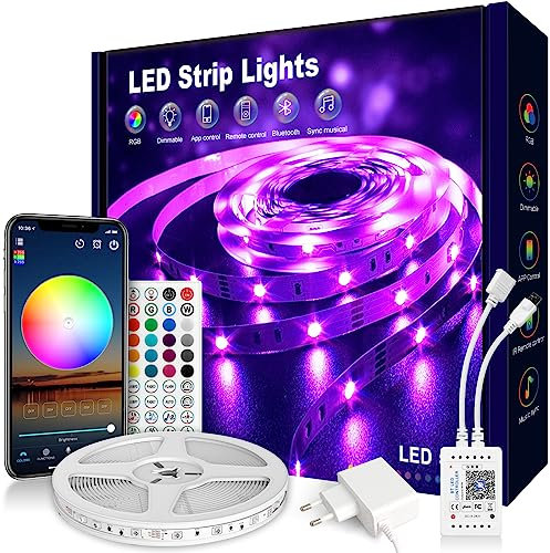 VKH Ruban LED 5m(30 LED/m), Bande LED RGB Multicolore avec Télécommande et Application, 16 Millions de Couleurs, Décoration Lumineuse pour Chambre, Noël, Fête, Anniversaire et Mariage.(1 * 5m)