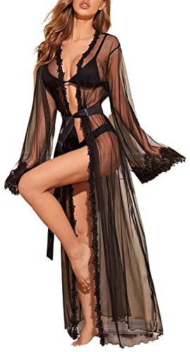 ROSVAJFY Womens Lace Mesh Kimono Robe Lingerie, Sexy Sheer Tulle Dressing Gown, Belted Long Bikini Cardigan, See Through Beach Coverups Swimsuit Babydoll Nightgown Nightdress Black White(Black)