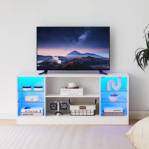 TUKAILAI TV Schrank, Fernsehkommode mit LED, 16-LED-Farben, Sideboard TV Hochglanz, TV Board Weiss, Fernsehertisch, Sideboard Fernseher, Weiß, 130x35x57 cm