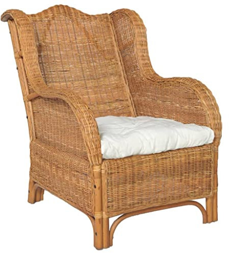 JUNZAI Sessel mit Kissen, Sessel Wohnzimmer, Lesesessel, Stillsessel, Fernsehsessel, Hellbraun Natur-Rattan und Leinen