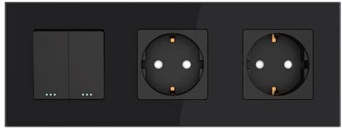 PULSAR Lichtschalter mit Steckdosen Unterputz Schwarz Glas 3-Fach, Doppel Schalter mit Steckdosen Kombination mit Glasrahmen, 1x Serien-Schalter 1-Weg und 2x Schuko-Steckdose 228 x 86mm