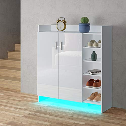 Schuhschrank Hochglanz 2 Türen Schrank Schuhaufbewahrung Organisator mit Verstellbaren 5 Offenen Regalen Schuhständer Regal Holz Sideboard Einheit w/LED Licht Weiß