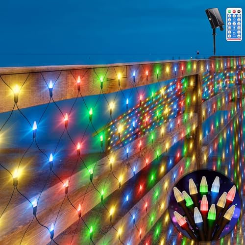 Solar Lichternetz 3X2M 200LED Außen Lichterkette Netz Solar Garten Mesh Lichterkette mit Fernbedienung & Timer 8 Modi für Outdoor Fenster Hochzeit Wohnzimmer(RGB)