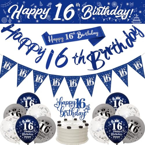 16th Birthday Decorations for Boys - Navy Blue & Silver Banners, Party Decoration with 9ft Banner, Bunting, Sash, Confetti, Latex Balloons, Triangle Flags & Cake Toppers