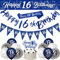 16th Birthday Decorations for Boys - Navy Blue & Silver Banners, Party Decoration with 9ft Banner, Bunting, Sash, Confetti, Latex Balloons, Triangle Flags & Cake Toppers