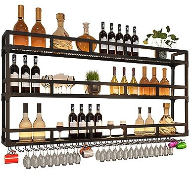 Wandmontierte Weinregale mit Glashalter, Weinglasregal-Ausstellungsständer, Barregale, schwebende Metallregale, oben hängender Kelch für Schnapsflaschen, für Wohnzimmer, Weinkeller (150 x 25 x 90 cm)