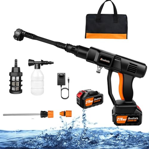 21V Akku Hochdruckreiniger Akku Hochdruckpistole 30Bar Mobiler Hochdruckreiniger mit 3,0Ah Akku, 6-in-1 Sprühdüse 5M Schlauch Tragbare Hochdruckreiniger für Autowäsche, Gartenschlauch, Bodenreinigung