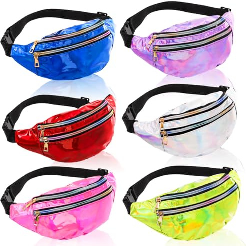 Cididu 6 Pieces Holographic Fanny Pack, Adjustable Shinny Sport Waist Bag