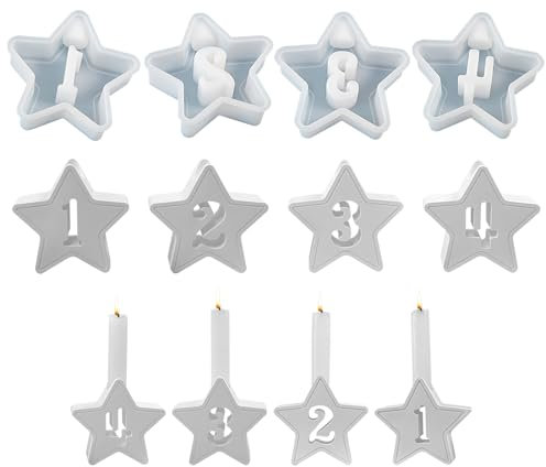 Silikonformen Gießformen, Zahlen Stern Silikonform Kerzenhalter, Silikon Gießform Stern mit Zahlen, Gießformen Silikon zum Gießen, DIY Silikon Gießformen für Kerzenhalter, Gips, Handwerk (4 Stück)