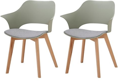JZGORC Lot de 2 Chaise de Salle à Manger Scandinave, Chaise de Salle à Manger de Style Nordique avec Accoudoirs, Pieds en Hêtre, Chaise de Cuisine Rembourrée à Carreaux en Lin - Vert Clair