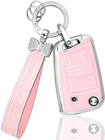 BLINGOOSE Schlüsselhülle Cover für VW Volkswagen Polo Golf 7 MK7 Tiguan Touran T ROC Cross Taigo 3 Tasten Auto Schlüsselcover Schlüsselgehäuse Glitzer Schlüsselanhänger Frauen Girly Rosa Silber TPU