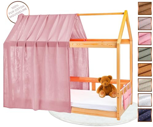 Lovely Hippo Hausbett Himmel - 100% Baumwolle - Betthimmel Hausbett aus Musselin - Bett Vorhang Kinderbett - Himmelbett Vorhänge 90x200cm (Blütenblatt/Gold Tasche, 120 x 370 cm (1er Set))