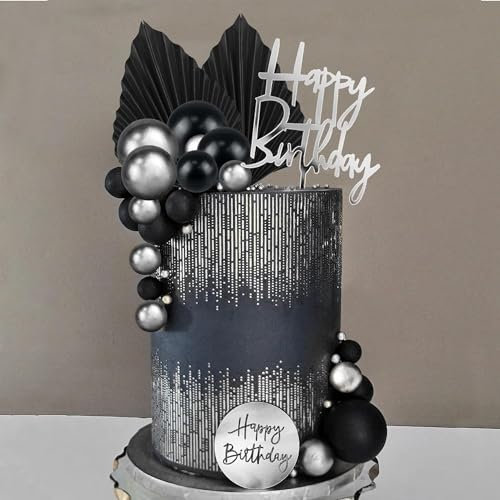 26 x Birthday Cake Toppers - Black & Silver Cake Decoration Balls, Palm Leaves & Happy Birthday Disc for Weddings & Parties