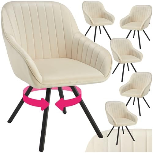 tectake® drehbare Esszimmerstühle mit Armlehne, Schalenstuhl ergonomisch mit Samt Bezug, gesteppt, Stühle drehbar für Wohnzimmer, Esstisch, Arbeitszimmer, Schminktisch, Küchenstühle - 6er Set, Creme