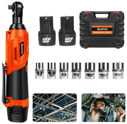 DayPlus Clé à cliquet électrique sans fil 12 V 40 Nm, 2300 tr/min, batterie à cliquet avec 2 batteries et 7 prises pour ingénierie mécanique, travaux de bricolage, orange