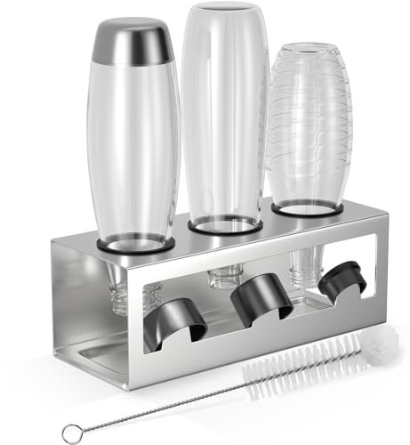 HOMMAND Flaschenhalter für SodaStream Crystal und Emil Flaschen, Edelstahl Flaschenhalter Abtropfgestell Abtropfständer für 3 Flaschen, mit Silikonschutzringe, Abtropfschale und Deckelhalter Silber