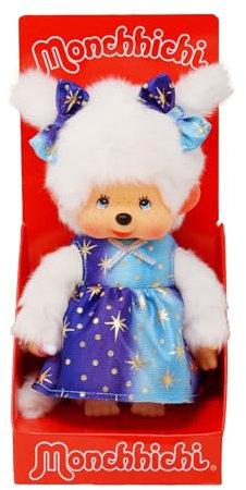 Sekiguchi 221240 - Original Monchhichi Fillette avec Robe étoilée, Animal en Peluche Brun d'environ 20 cm