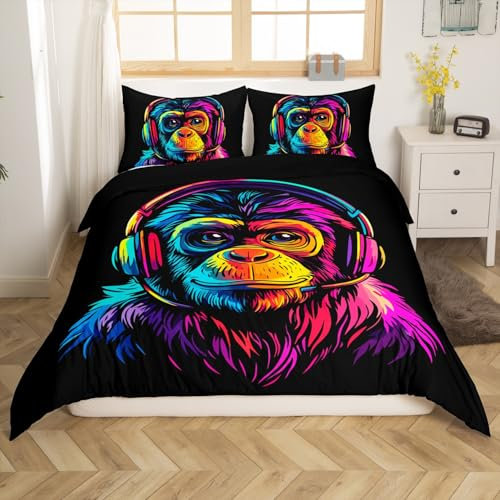 Loussiesd Graffiti Gaming Bettwäsche Set 155x220cm Gamer Controller Betten für Kinder Jungen Mädchen Coole Musik Schimpansen Bettbezug Wild Tier Bettwäsche-Set Schlafzimmer Sammlung
