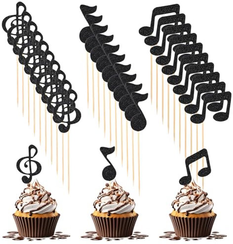 JJUNW 30 Stück Musik Noten Tortendeko, Glitzer Schwarz Kuchen Deko, Musikalische Note Cupcake-Toppers Musik Kuchen Topper Musical Symbol Cupcake Toppers für Singer Geburtstag Party Supplies