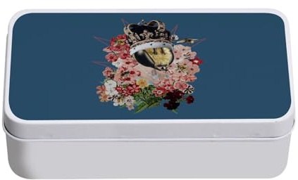 Blue Metal Box - Queen Elizabeth Bee Collage Art Surreal Flowers - 11 x 18.5 x 5.5 cm - Storage Box, Key, Tools, Lunch Box, Candy, Biscuits
