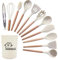 Silicone Kitchen Utensil Set, 12 Pieces, Wooden Handle, Heat Resistant, Non-Stick, Dishwasher Safe (White)