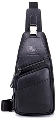 WeeDee Sling Bag Leder Schultertasche Brusttasche Umhängetasche Herren Bauchtasche Tasche Rucksack Daypacks Wasserresistent(91013-Black)