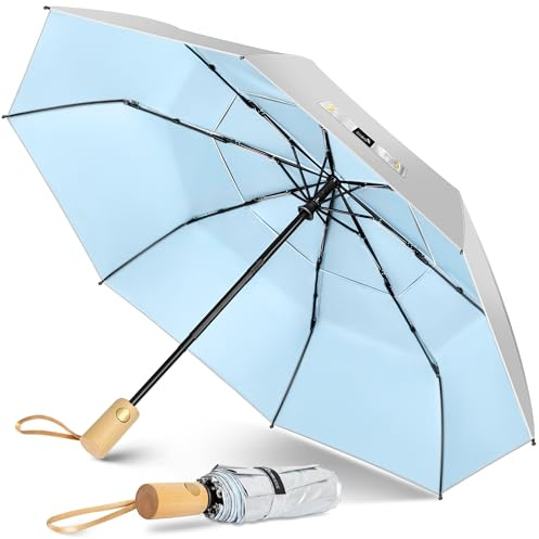 ZOMAKE UV Umbrella for Sun Protection UPF 50+,Sun Umbrella UV Protection,43 Inch Travel Compact Brolly Solar Blocking Reflective Windproof with Wooden Handle (Silver/Light Blue Double Canopy)