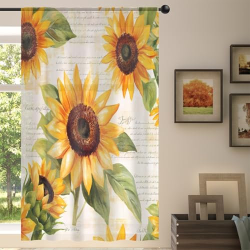 Mexpekil Voile-Vorhänge, Retro-Postkarte, Sonnenblumen-Motiv, halbtransparent, für Wohnzimmer, Schlafzimmer, Küche, 140 cm breit, 1 Vorhang