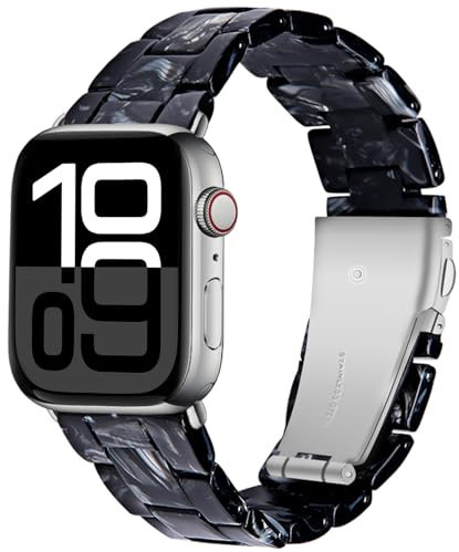 Miimall Bracelet en Resine Compatible avec Apple Watch SE 40mm, Bracelet pour Apple Watch 10 42mm avec Métal Boucle en Acier Inoxydable Strap pour iWatch Series 11 42mm Band Femme, Noir Étincelant