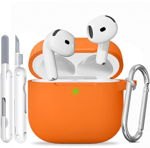 TNSNK für AirPods 4 Hülle (2024), Silikon Stoßfeste Schutzhülle mit Clean Kit & Keychain, Support Wireless Charging - Orange