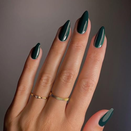 KQueenest Lot de 24 faux ongles à coller, en acrylique, en forme d'amande, vert foncé, naturels, couleur unie, à coller, en gel brillant, couvrance complète, pour femme