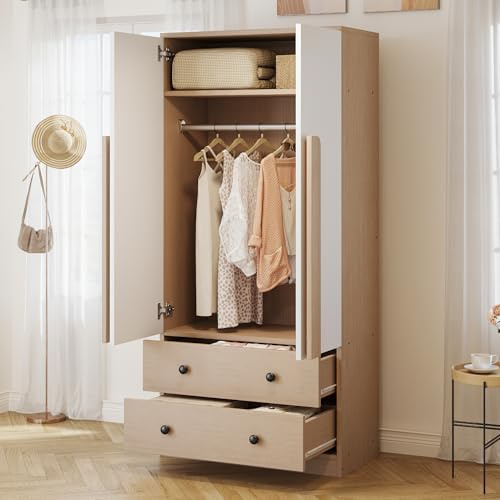 SUKY Armadio 70x 40 x 170 cm, design a doppia porta, con cassetti e ripiani, legno+metallo+sperholz+MDF (colore legno+bianco)