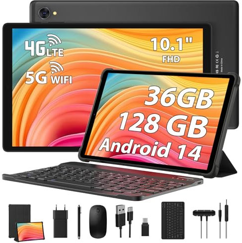 MIXLURE 10 Zoll Tablet Android 14, 36GB RAM + 128GB ROM(1TB TF), 4G LTE und 5G WiFi, 2K 1920x1200 FHD, Octa-Core 2.0 GHz, 8000mAh/13 MP+8 MP/BT 5.0/GMS, Tablet Mit komplettem Zubehörsatz (Schwarz)