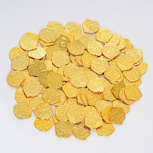 Qwrqwr 100 Stuck Piratenschatz Goldmunzen mit 50 Edelsteinen Set Perfekt fur Piraten Deko Schatzsuche Spiele und Piratenparty Veranstaltungen(Piratenschatz Goldmünzen 100)